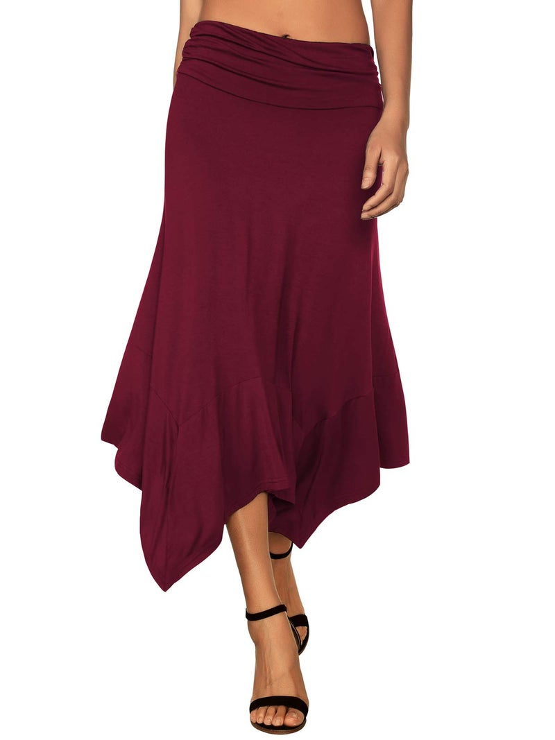 DJT Women's Flowy Handkerchief Hemline Midi Skirt Small Wine Red - Image 1